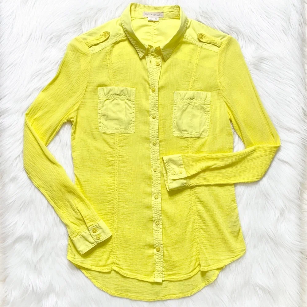 SOLD-Anthropologie Crinkle Roll Sleeve Bright Yellow Buttondown Top - Picture 7 of 9